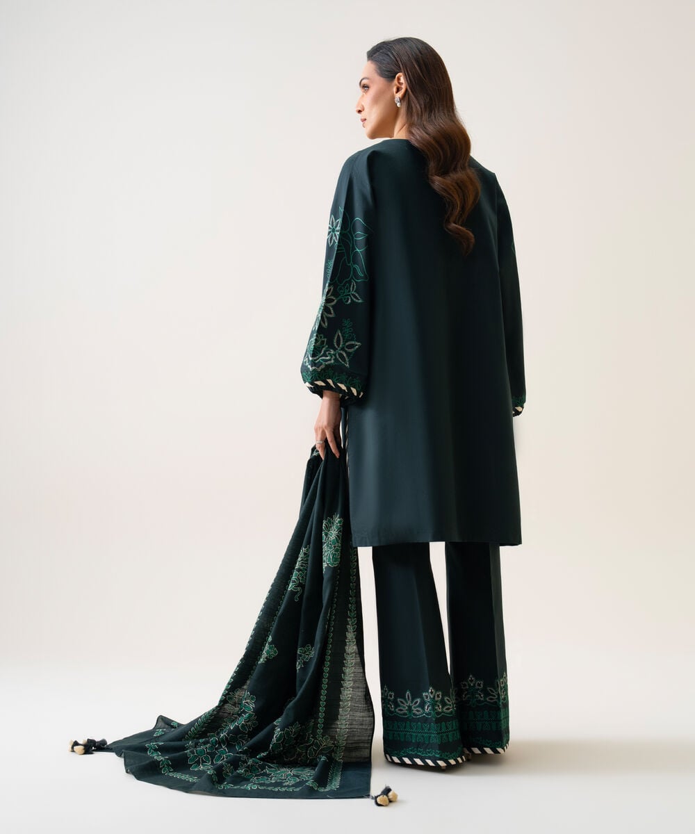 Women's Unstitched Textured Cotton Embroidered Teal 3 Piece Suit