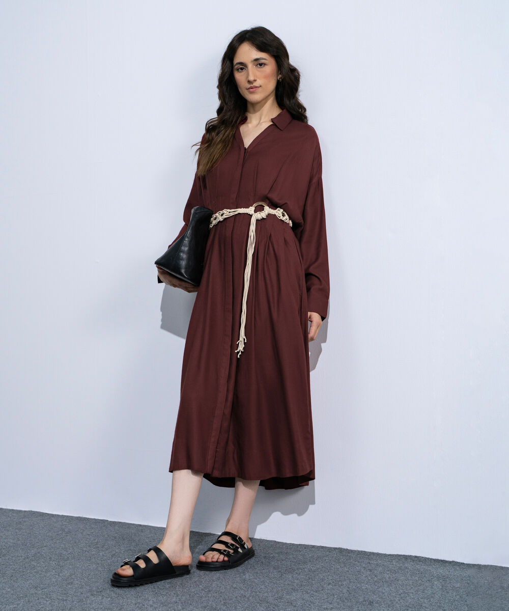 Women's Maroon Linen Blend Dress With  Crochet Belt