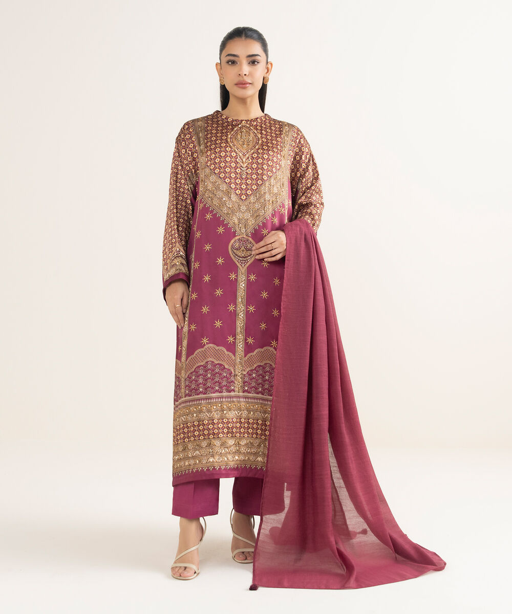 Women's RTW Blended Satin Embroidered Purple 3 Piece Suit