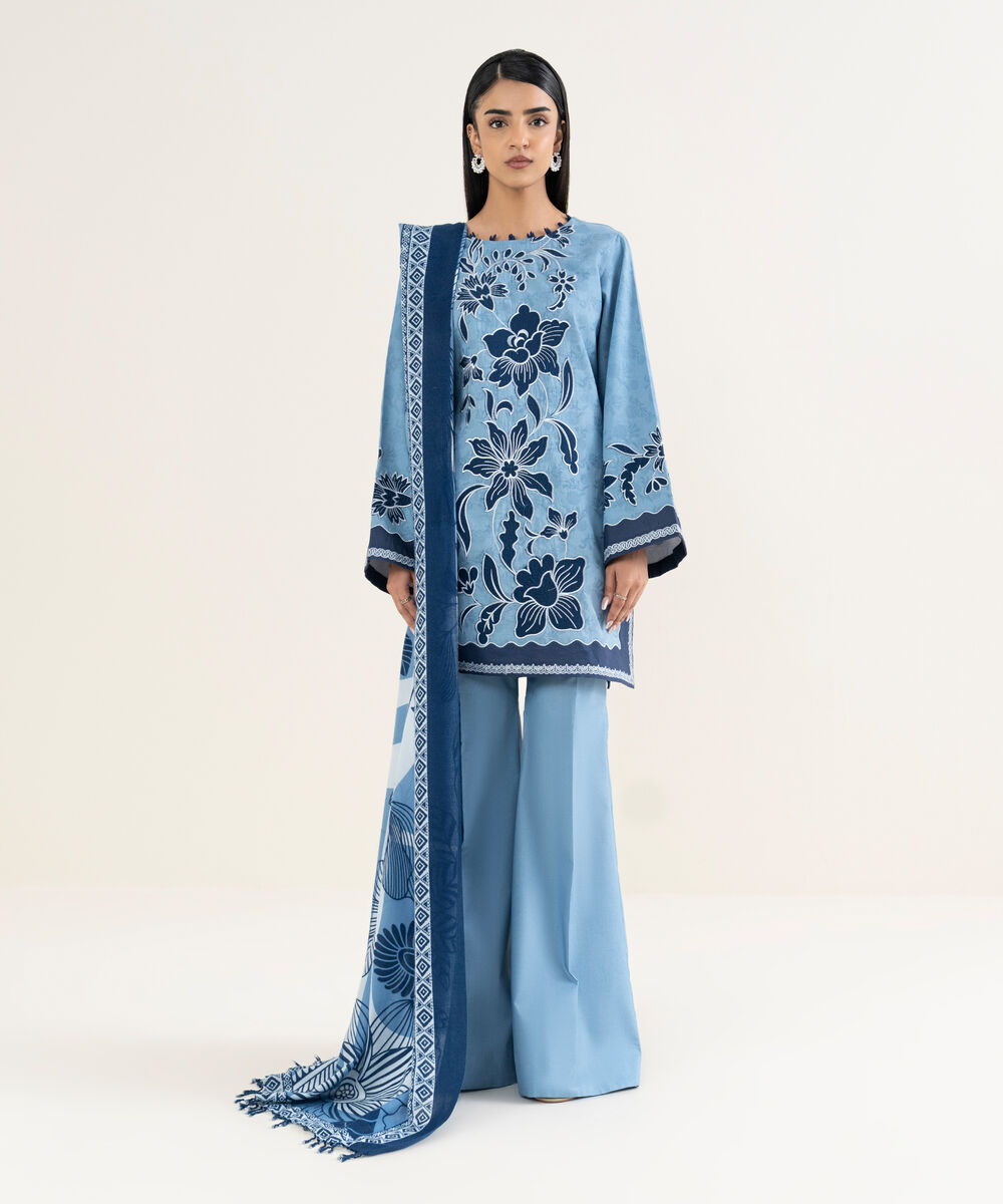 Women's Unstitched Embroidered Cotton Jacquard Blue 3 Piece Suit