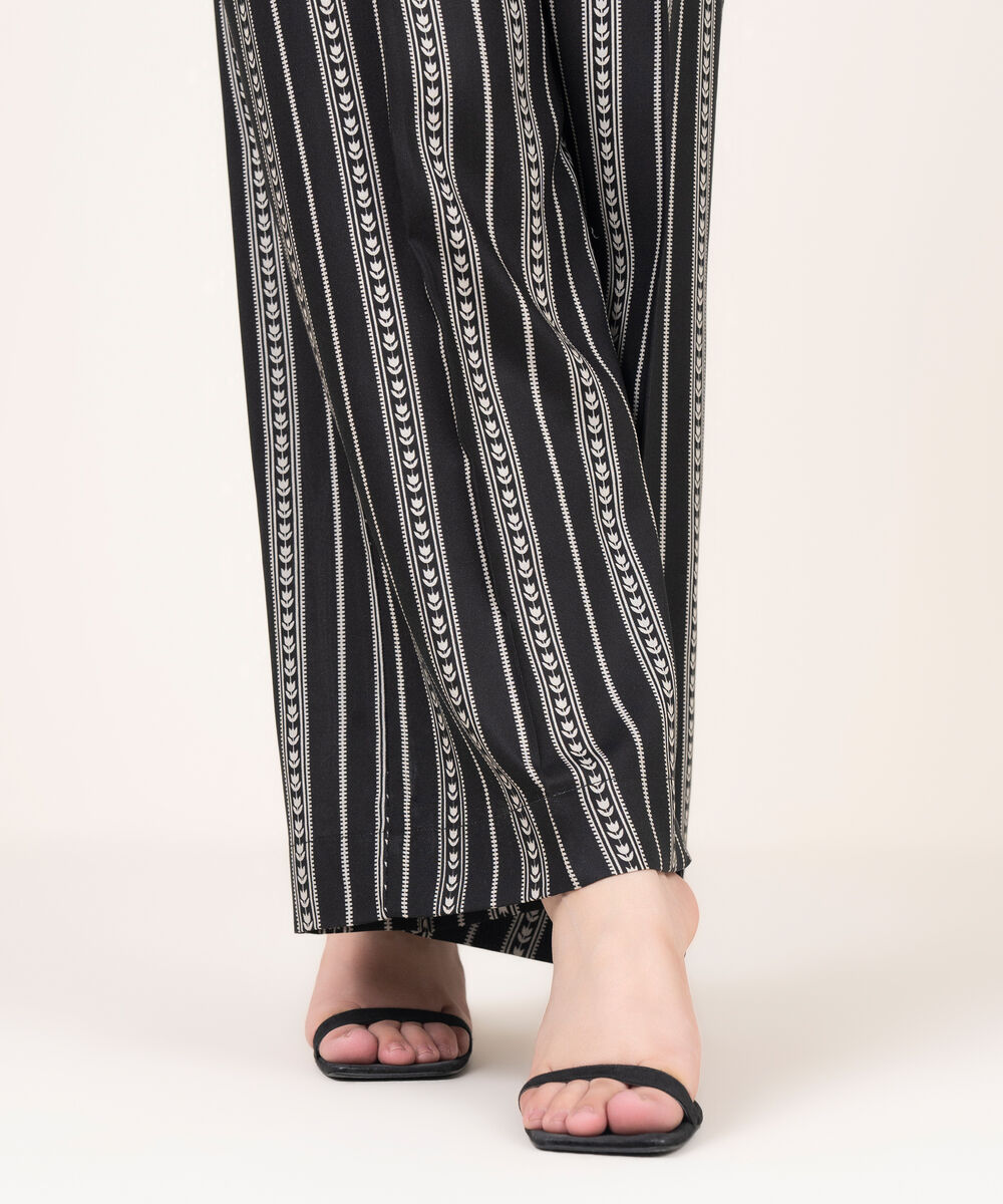 Women's RTW Viscose Linen Printed Black Straight Pants