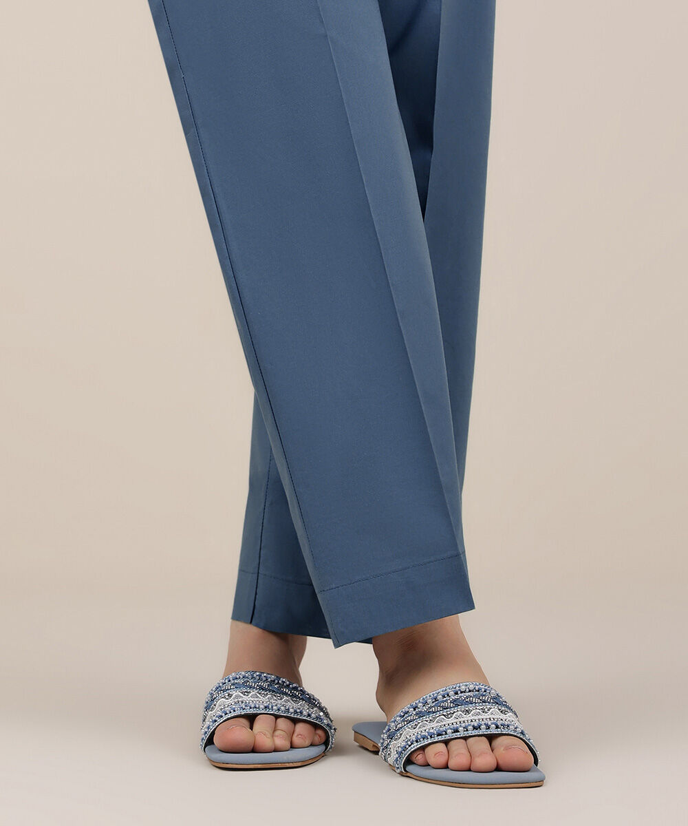 Women's RTW Cambric Blue Solid Straight Pants