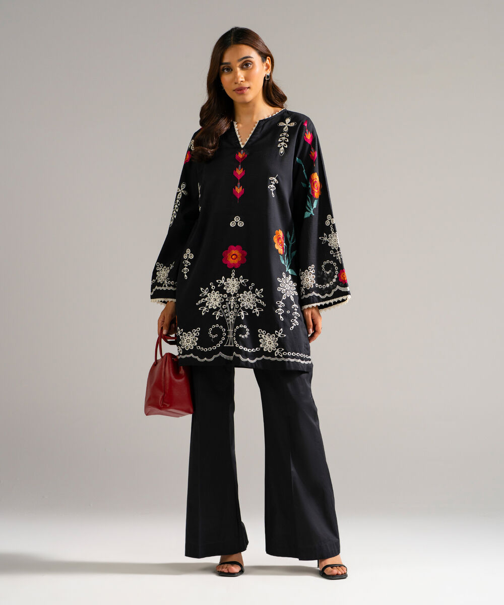 Women's RTW Dobby Embroidered Black Straight Shirt