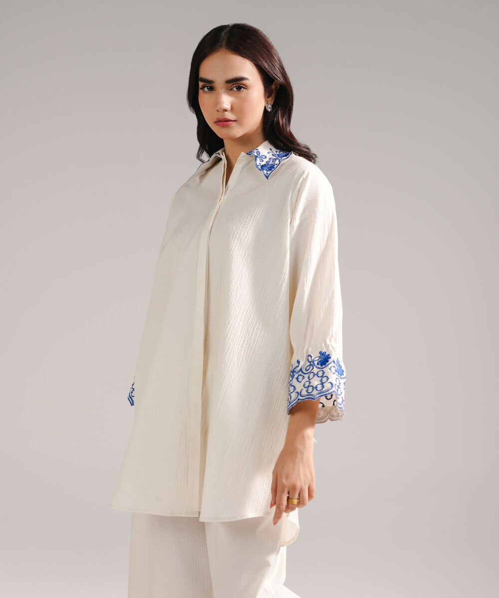 Women's RTW Seersucker Embroidered Off White Straight Shirt