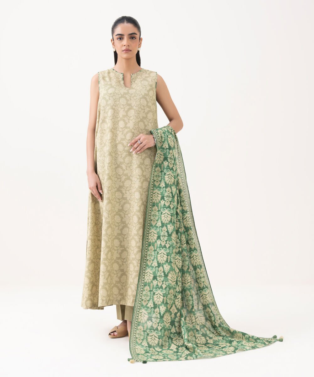 Women's Unstitched Khaddar Printed Beige 3 Piece Suit