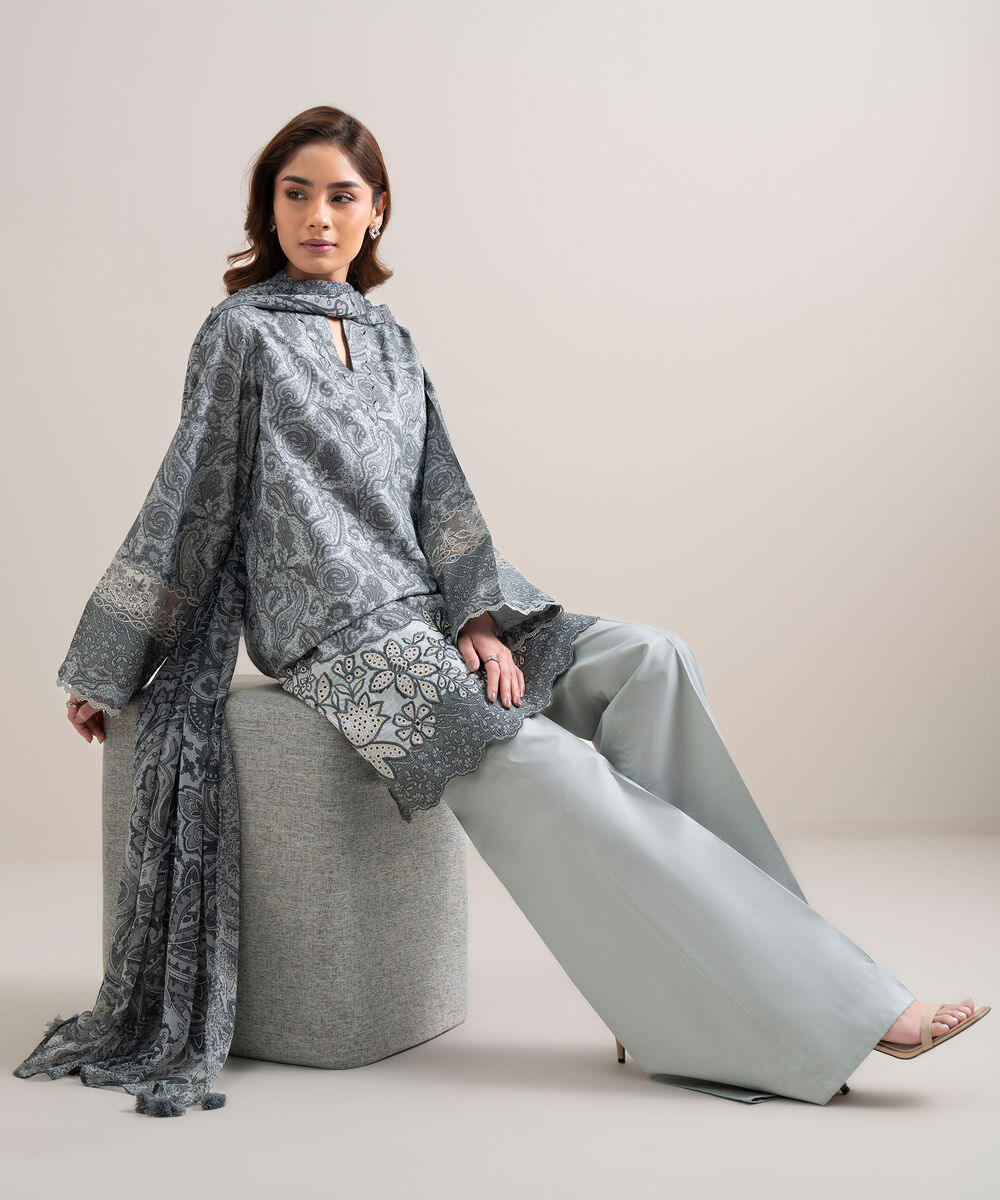 Women's Unstitched Zari Lawn Embroidered Grey 3 Piece Suit