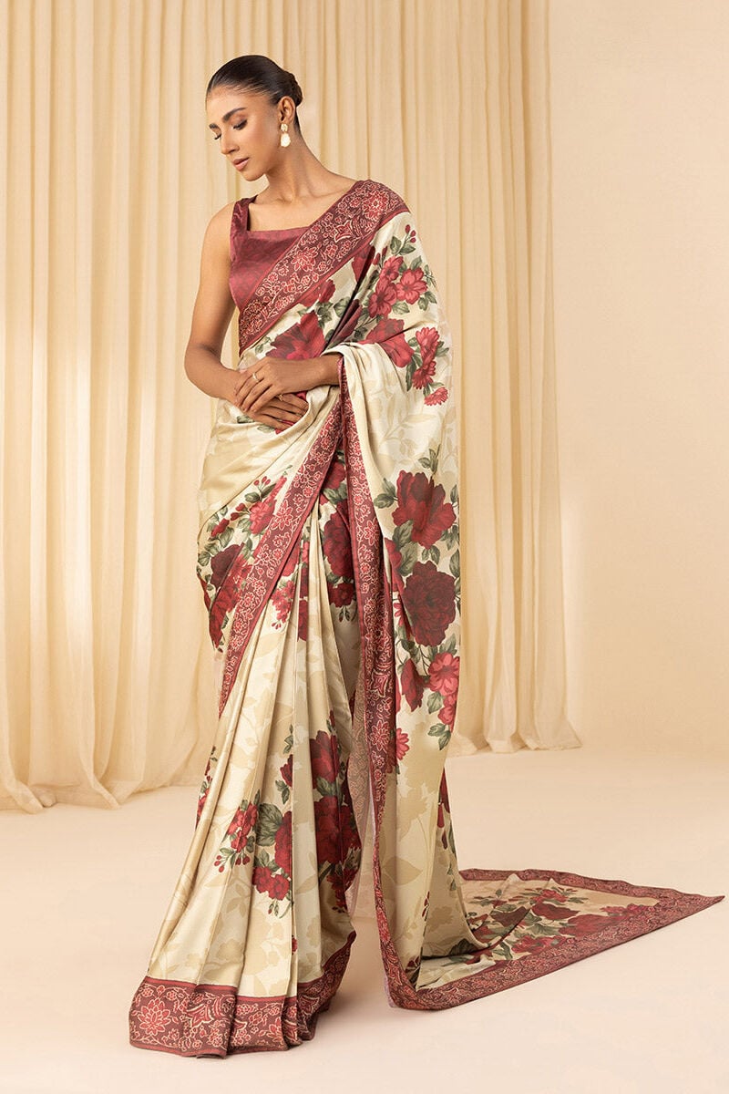 3 Piece -  Printed Satin Saree