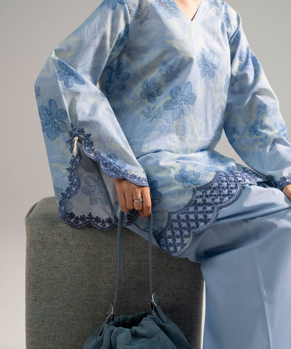 Women's RTW Slub Lawn Embroidered Blue 2 Piece Suit