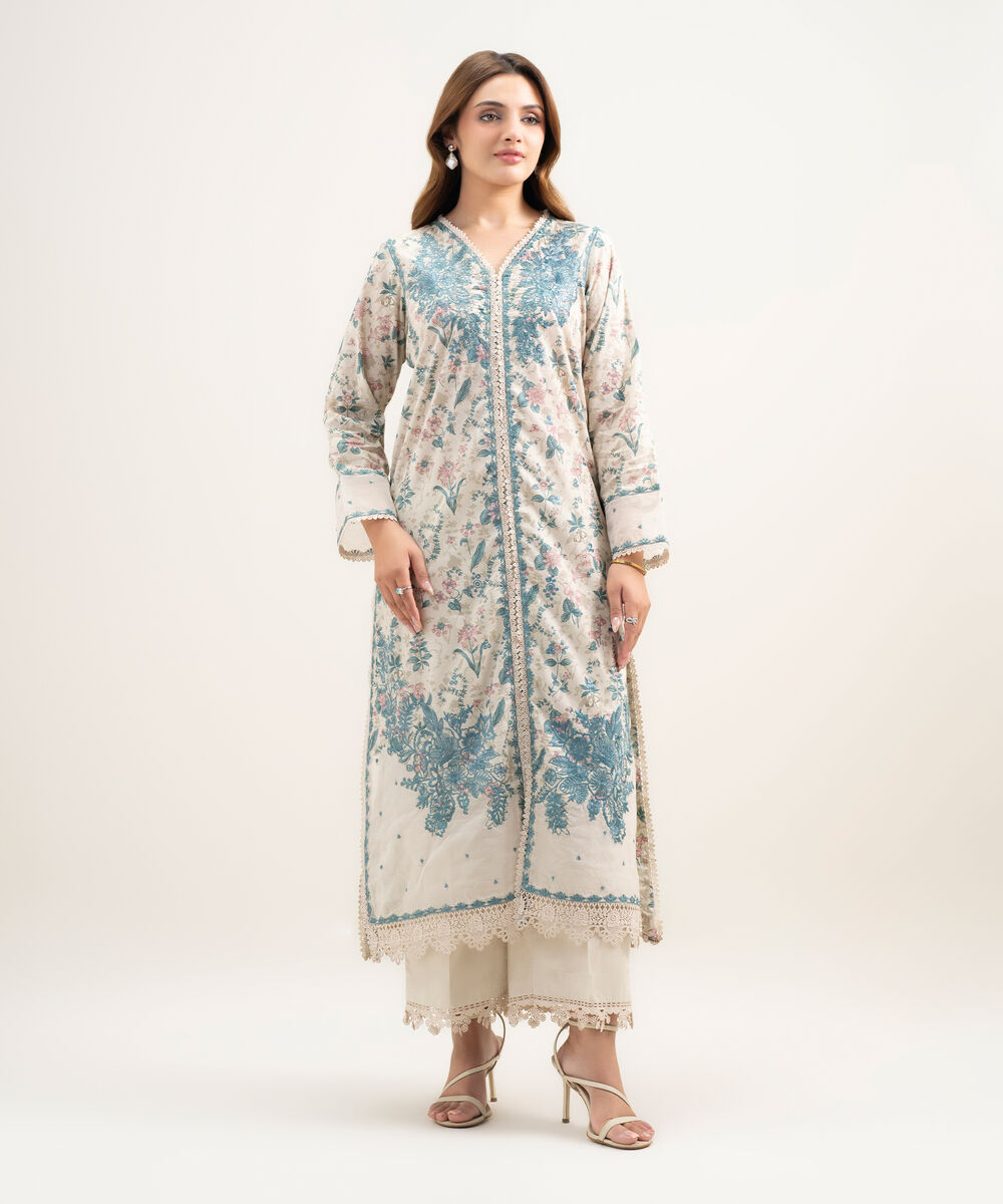 Women's RTW Lawn Embroidered Sand Green A-Line Shirt