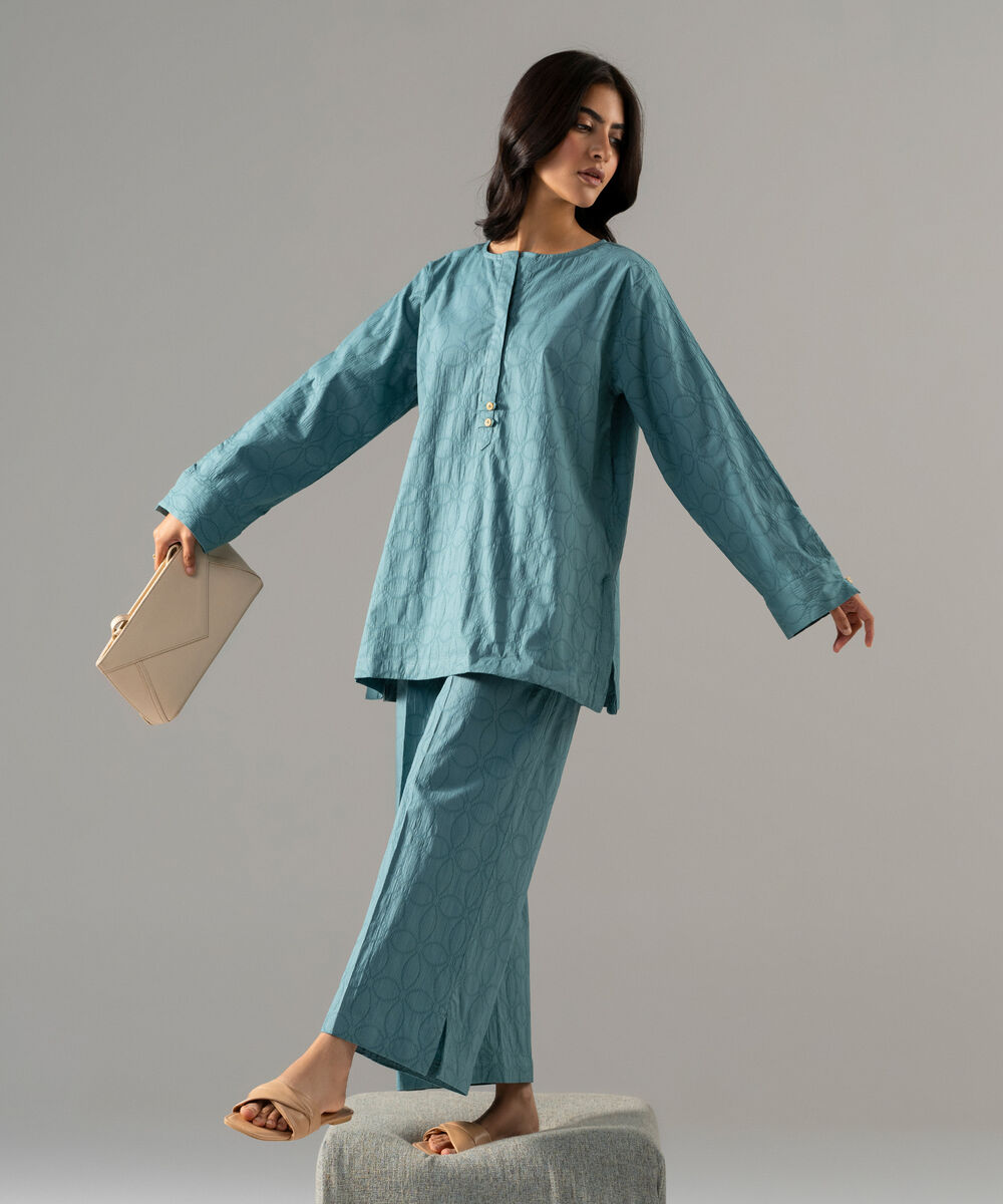 Women's RTW Textured Cotton Solid Blue 2 Piece Suit