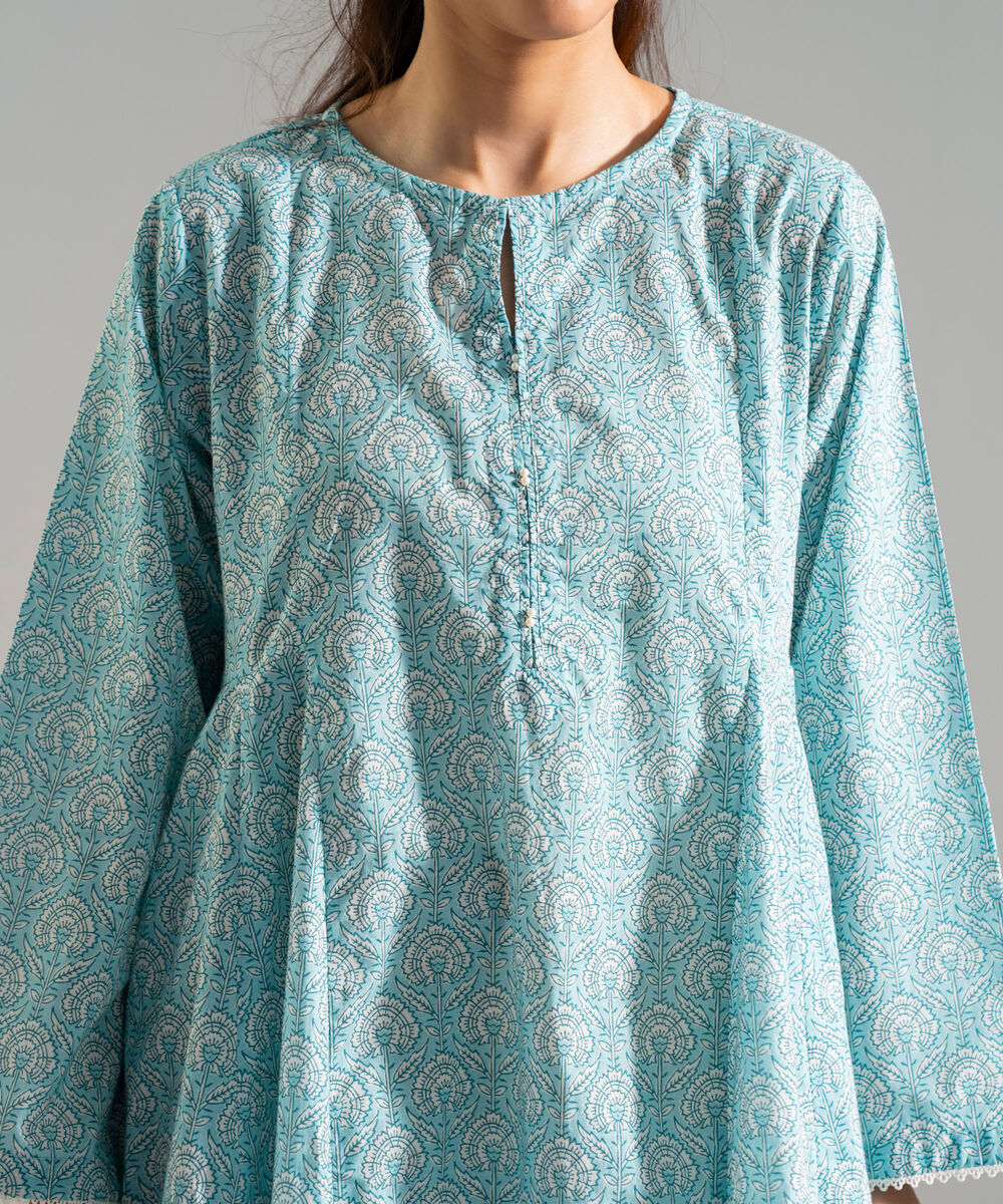 Women's RTW Slub Lawn Printed Blue A-Line Shirt