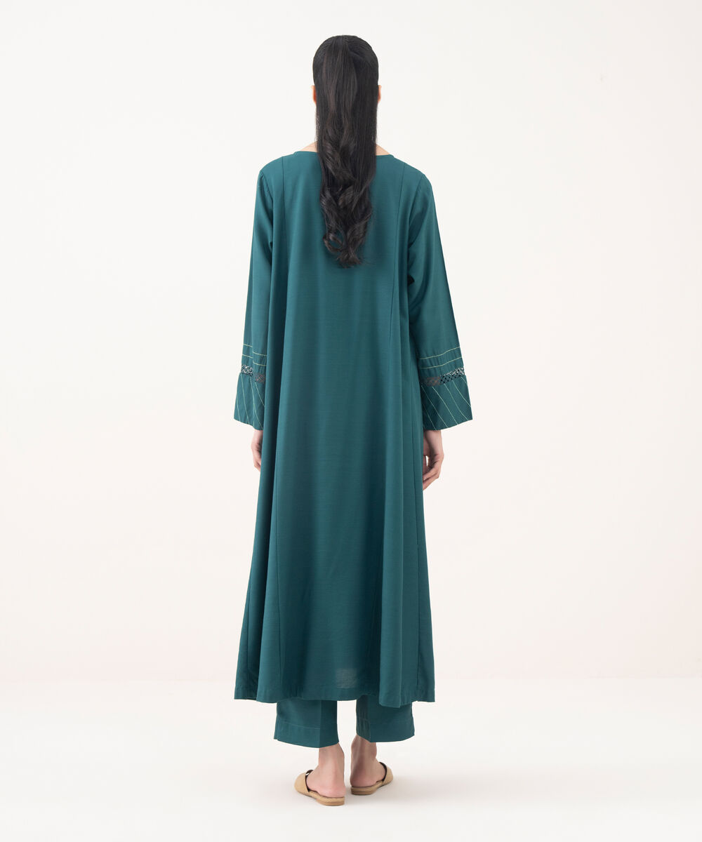 Women's RTW Khaddar Solid Green A-Line Shirt