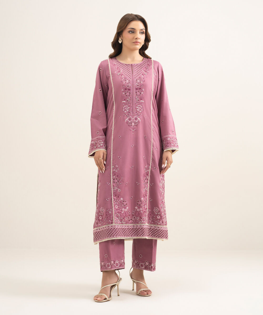 Women's RTW Dobby Embroidered Pink A-Line Shirt
