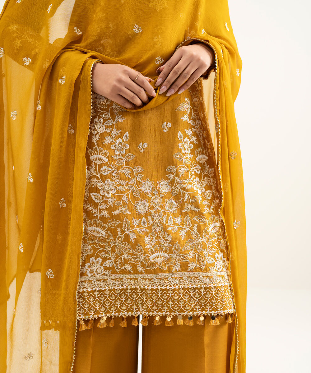 Women's Unstitched Raw Silk Embroidered Orange 3 Piece Suit