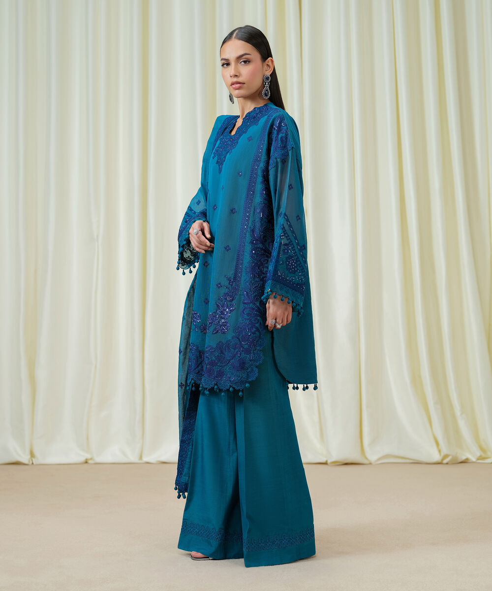Women's Unstitched Blended Muslin Embroidered Blue 3 Piece Suit