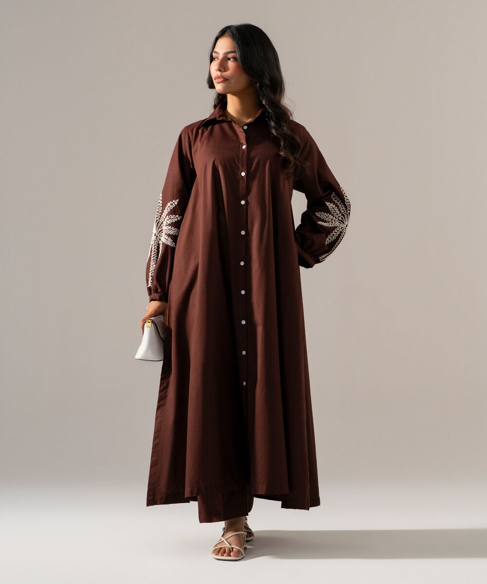 Women's RTW Cross Hatch Solid Embroidered Brown A-Line Shirt