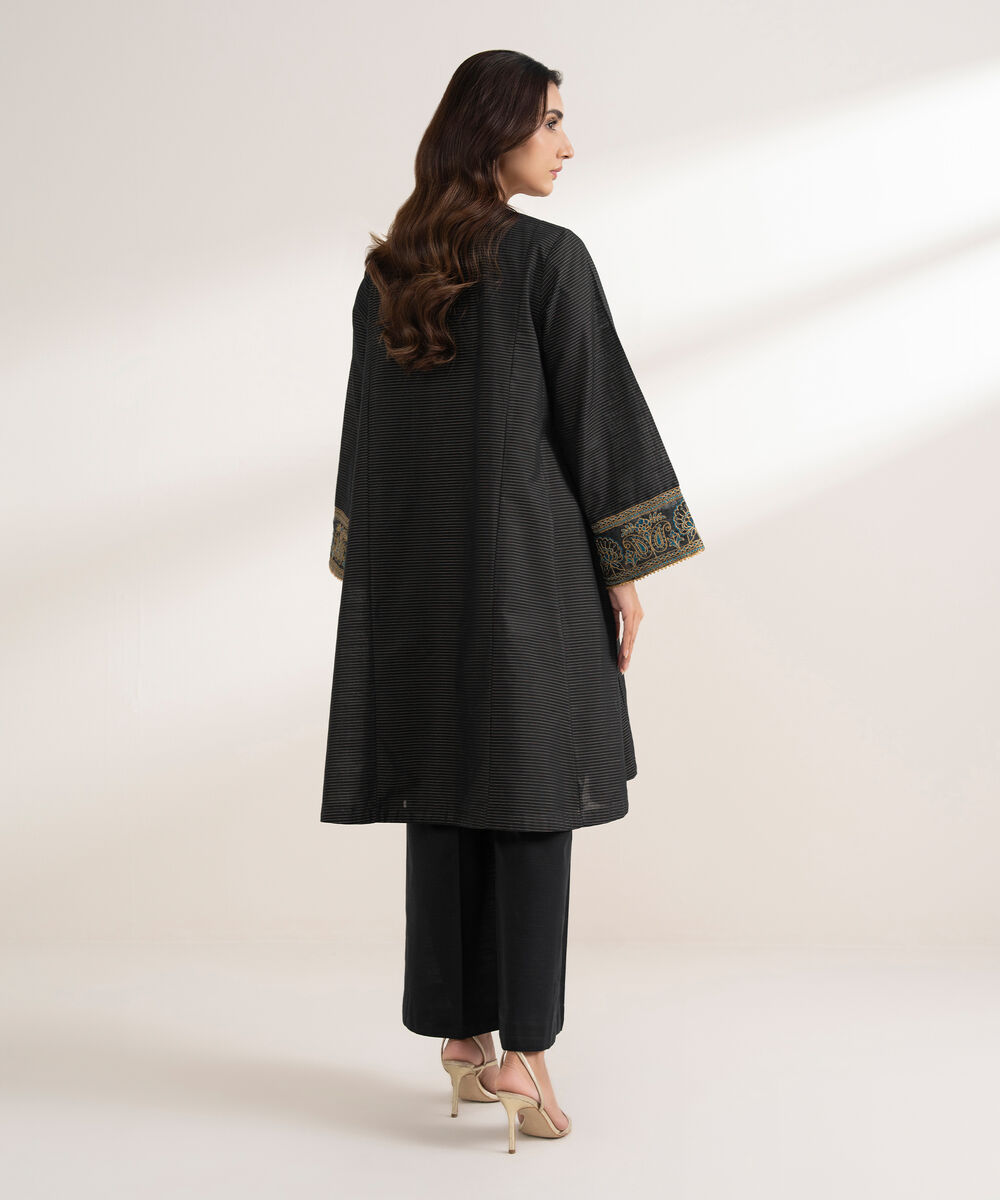 Women's RTW Zari Cotton Embroidered A-Line Black Shirt