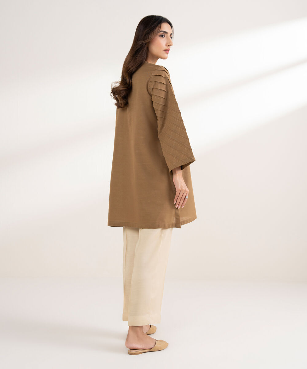 Women's RTW Khaddar Solid Straight Beige Shirt