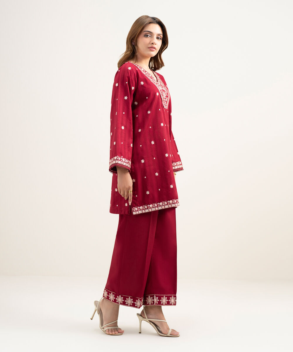 Women's RTW Dobby Embroidered Maroon 2 Piece Suit