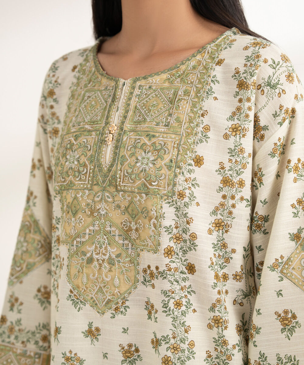 Women's RTW Khaddar Embroidered Off White 3 Piece Suit