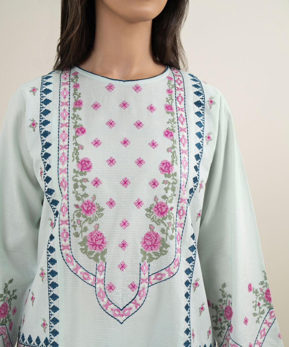 Women's RTW Dobby Embroidered Green Boxy Shirt