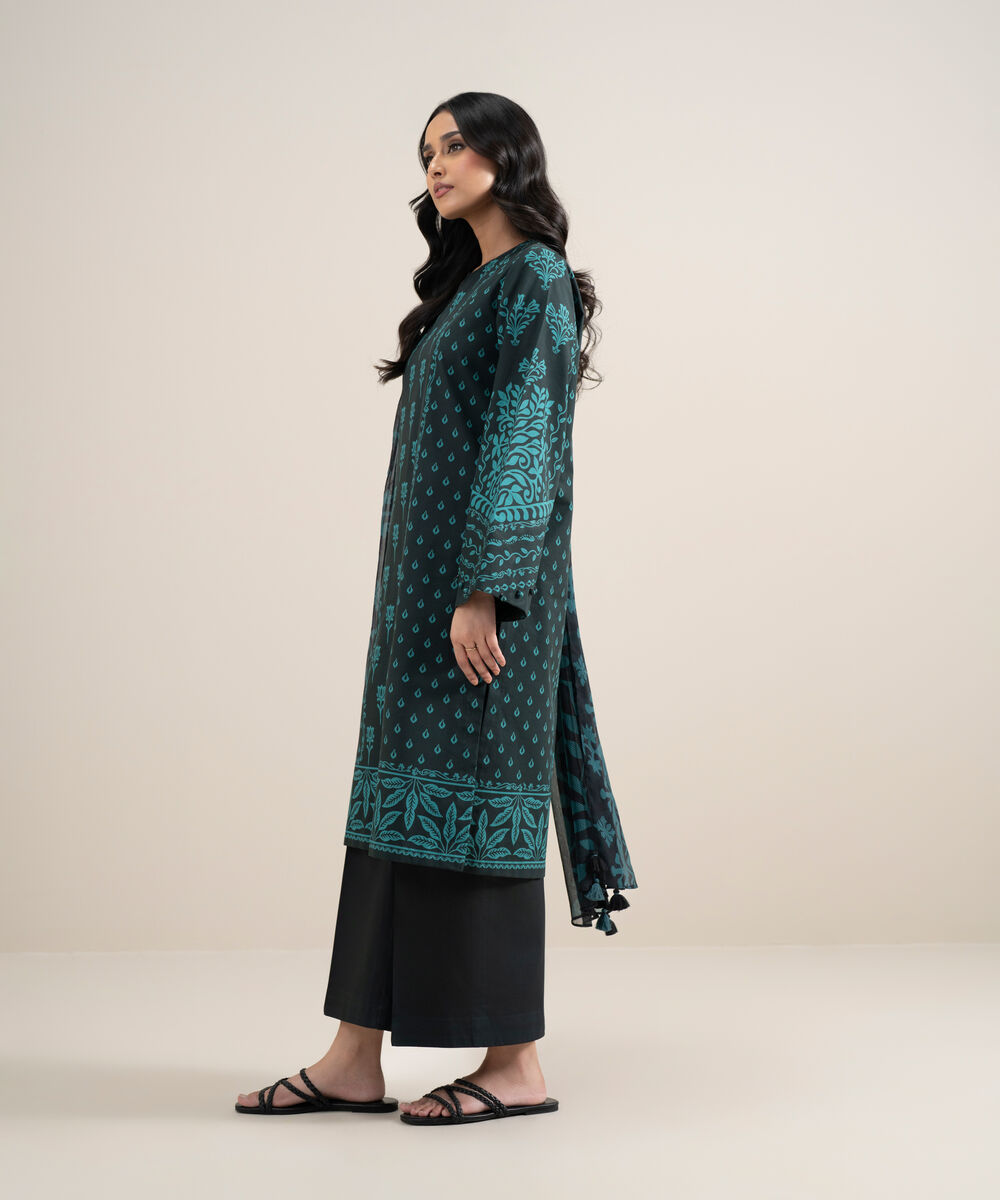 Women's Unstitched Lawn Printed Black and Teal 3 Piece Suit
