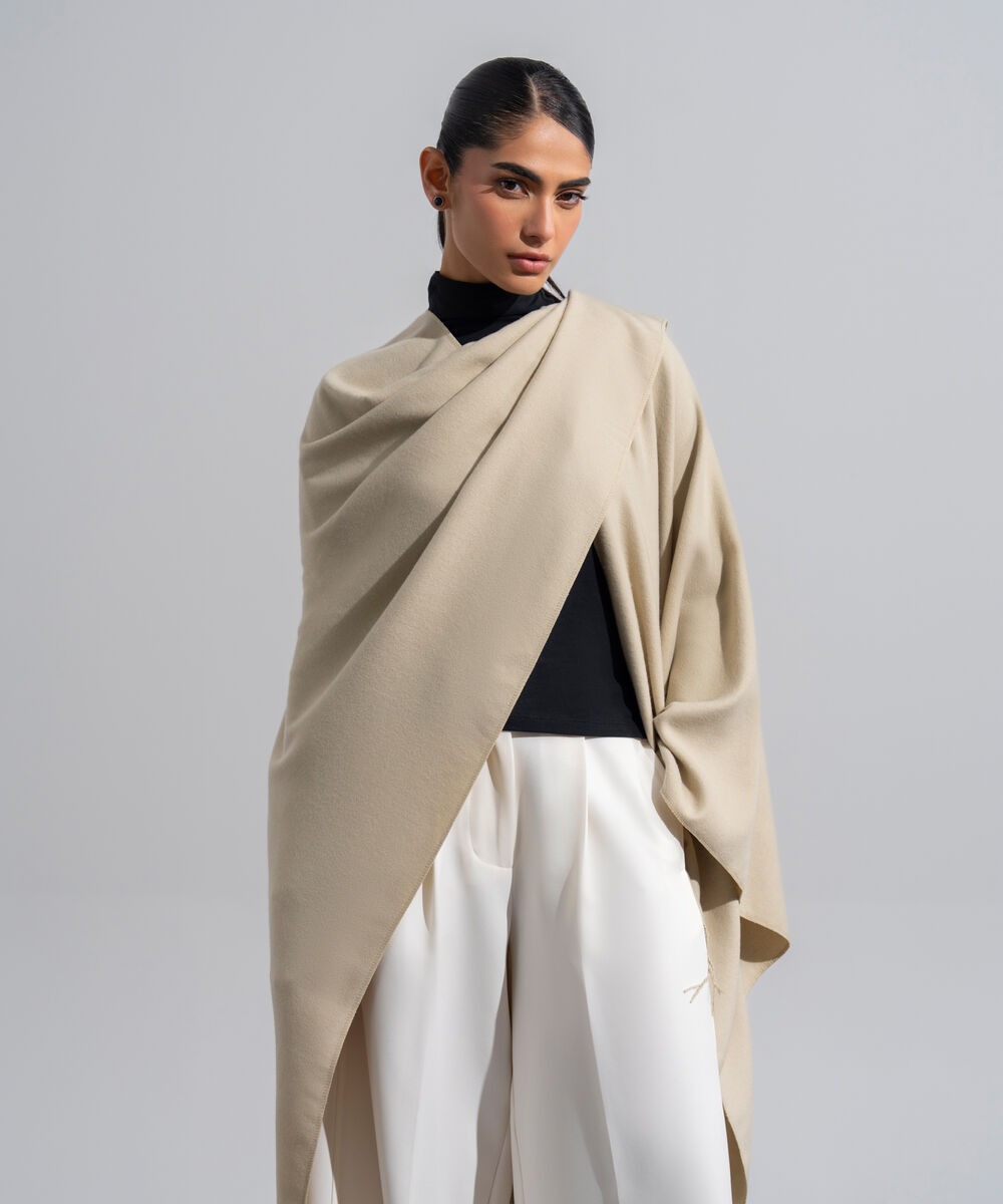 Women's Western Wear Beige Polyester Solid Woolen Scarf
