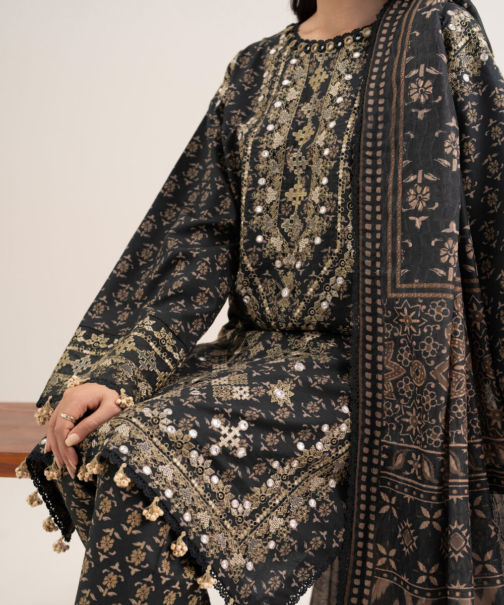 Women's Unstitched Lawn Embroidered Black 3 Piece Suit