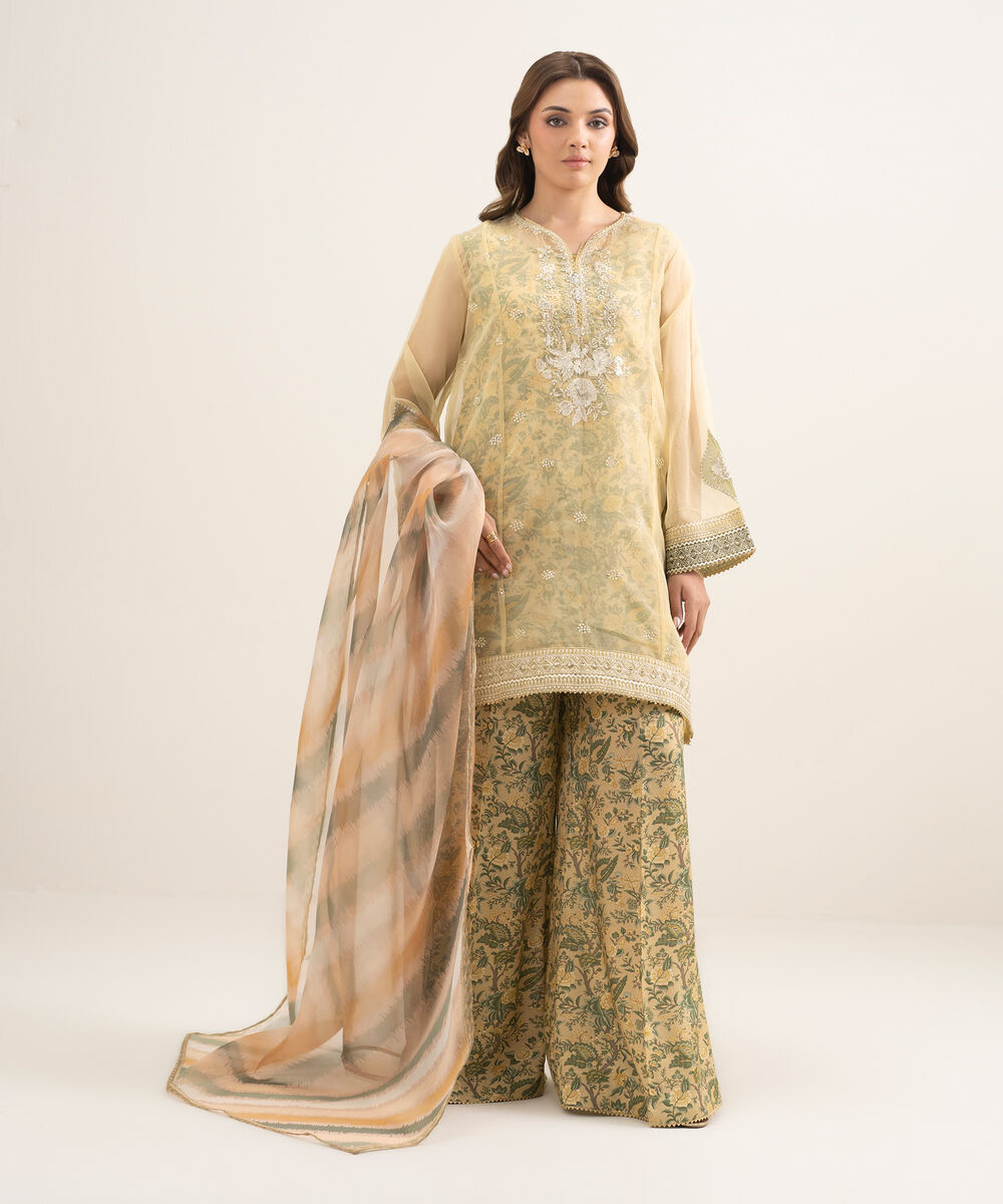 Women's RTW Blended Organza Embroidered Yellow 3 Piece Suit