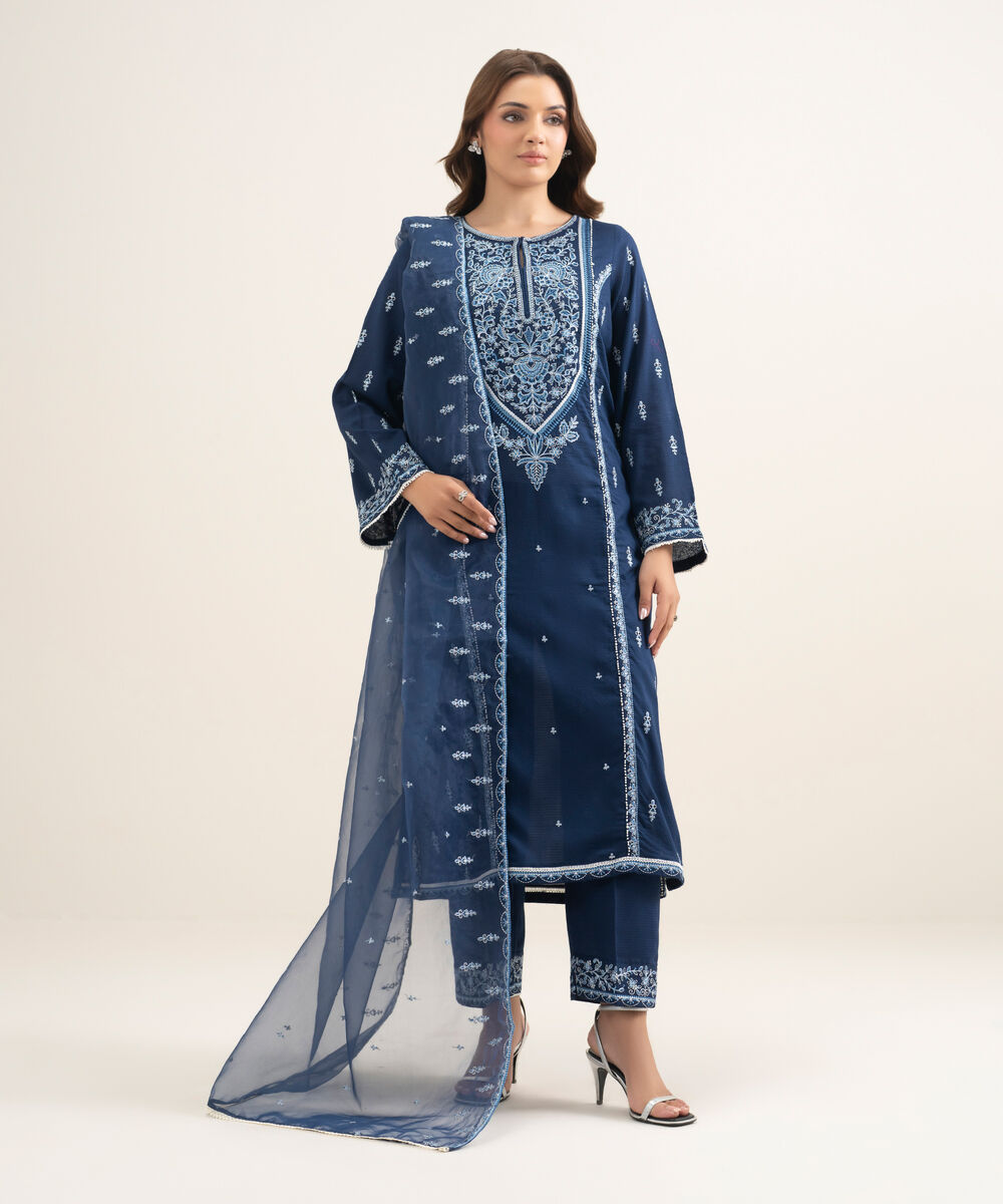 Women's RTW Dobby Embroidered Blue Straight Shirt