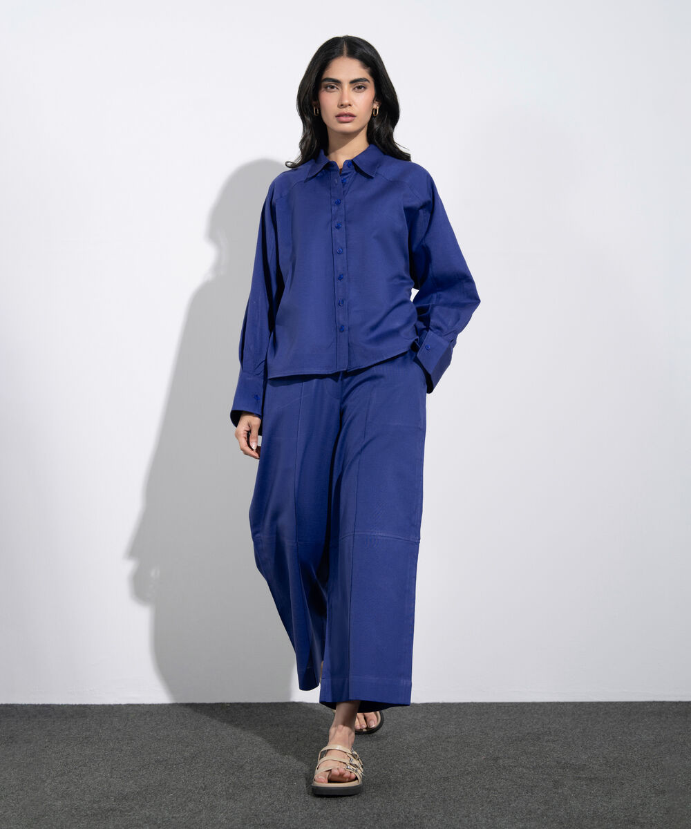 Women's Western Blue Relaxed-Fit Linen Blend Shirt