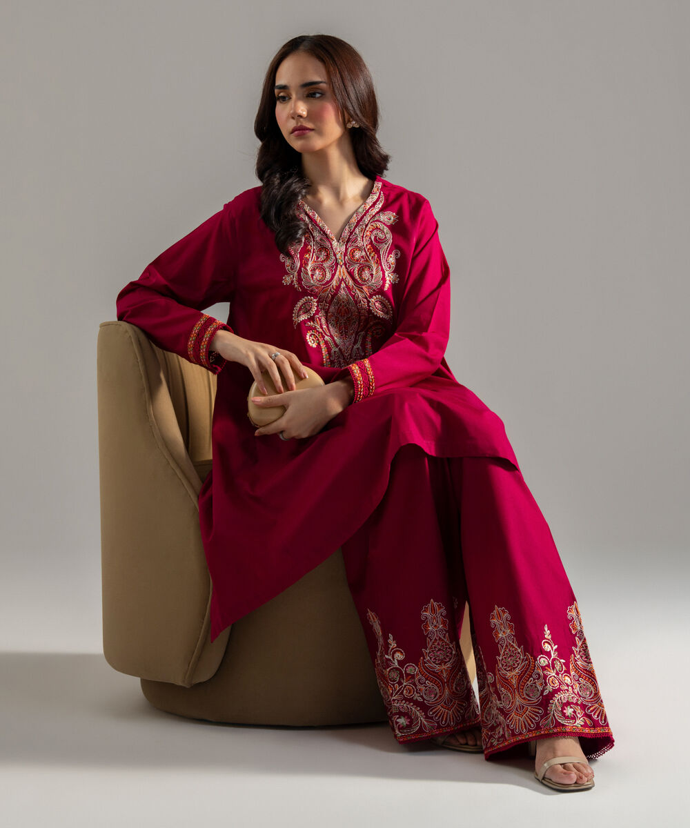 Women's RTW Lawn Solid Embroidered Maroon Flared A-Line