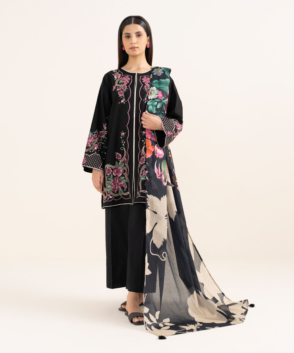 Women's RTW Textured Lawn Black Embroidered A-Line Shirt