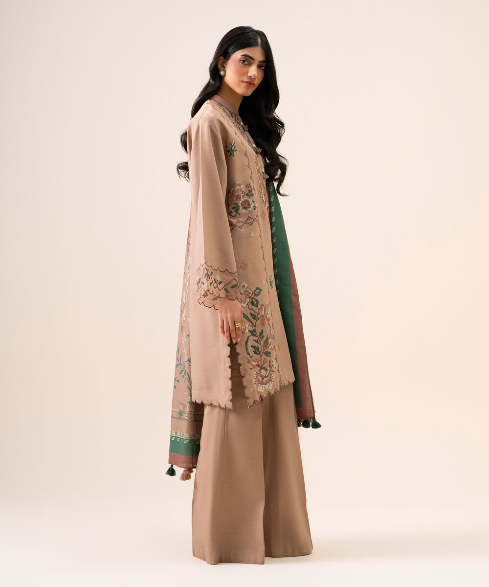 Women's Unstitched Light Khaddar Embroidered Beige 3 Piece Suit