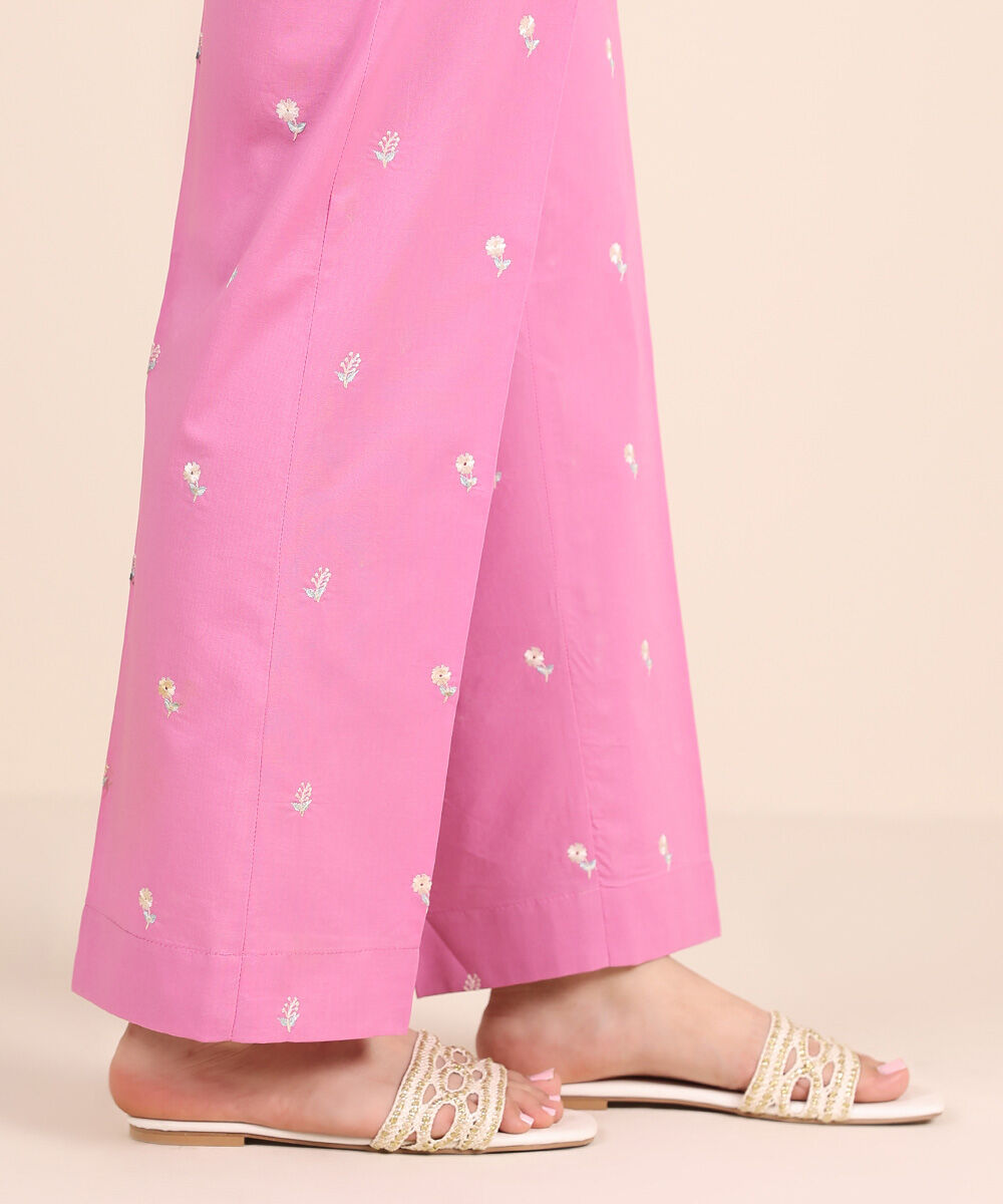 Women's RTW Cambric Pink Embroidered Straight Pants