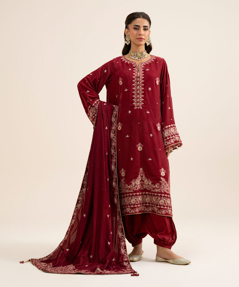 Women's Unstitched Velvet Embroidered Red 3 Piece Suit