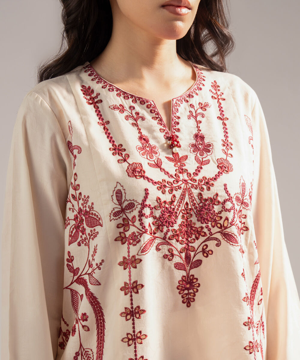 Women's RTW Self Jacquard Embroidered Straight Off White Shirt