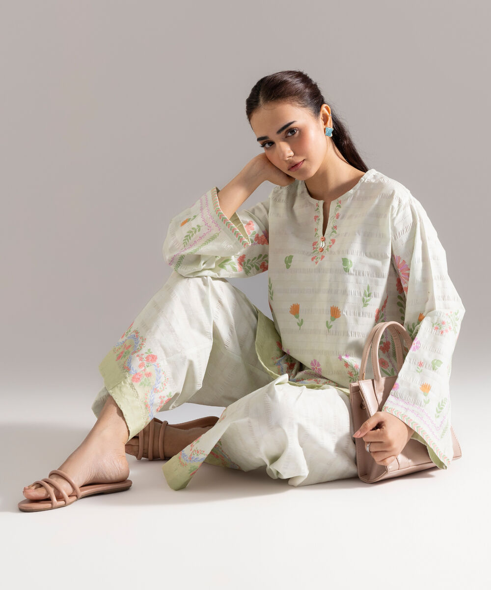 Women's RTW Seersucker Printed Off White Straight Shirt
