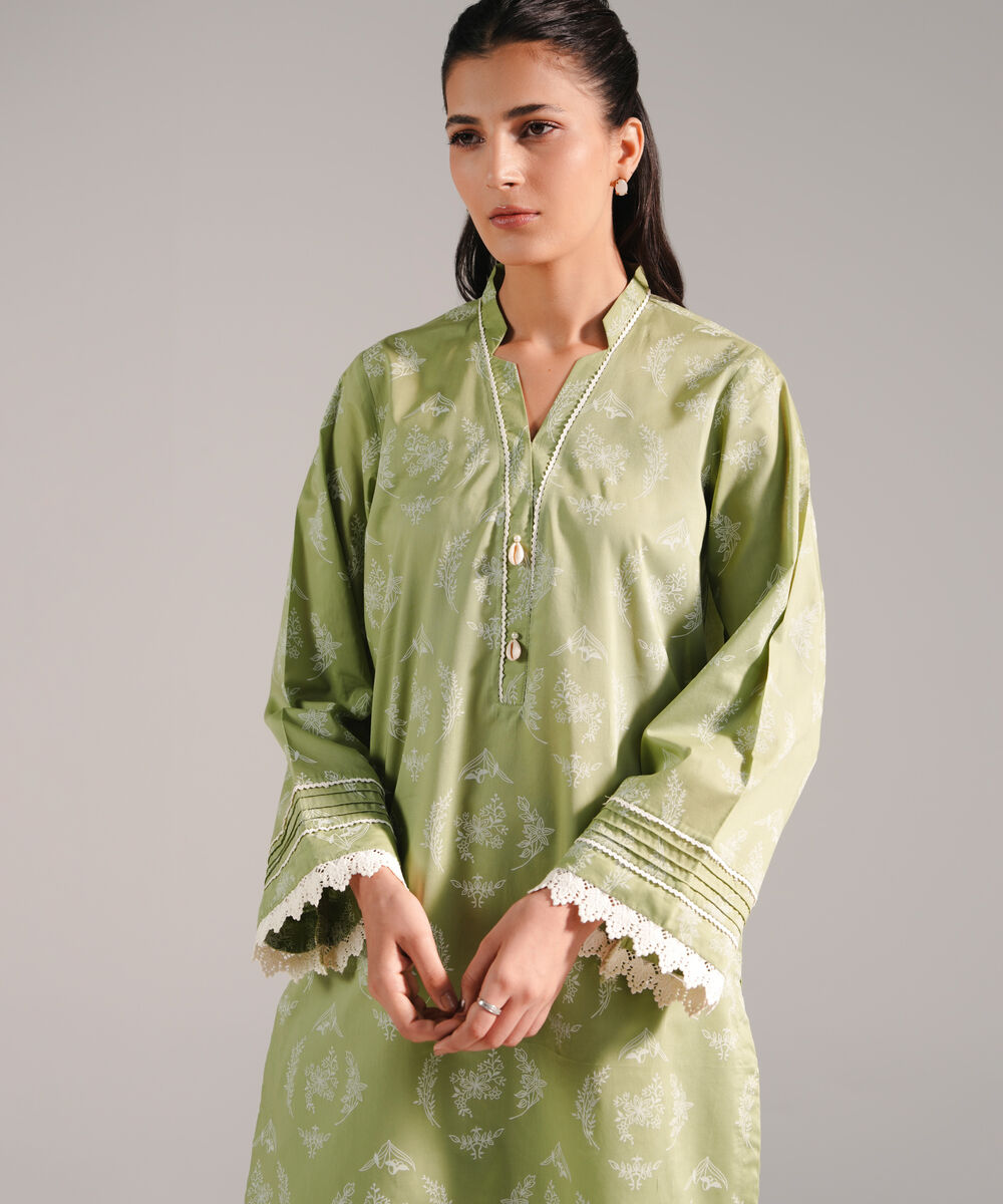 Women's RTW Lawn Printed Green Straight Shirt