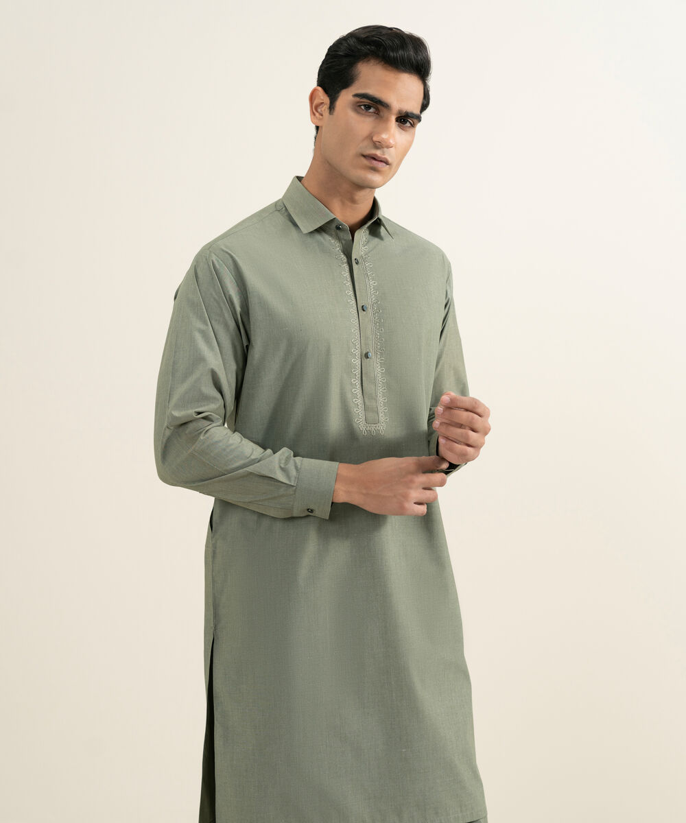Men's light olive Blended Yarn Dyed Kameez Shalwar
