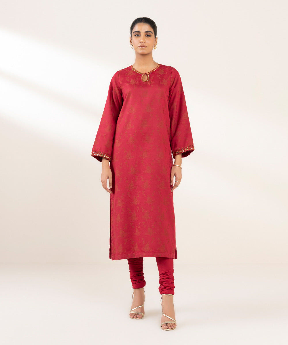 Woman - Red Embroidered Cotton Jacquard Shirt