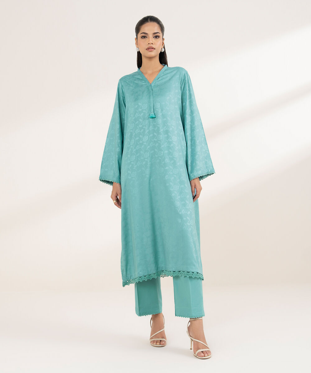Women's RTW Arabic Self Jacquard Blue Solid A-Line Shirt