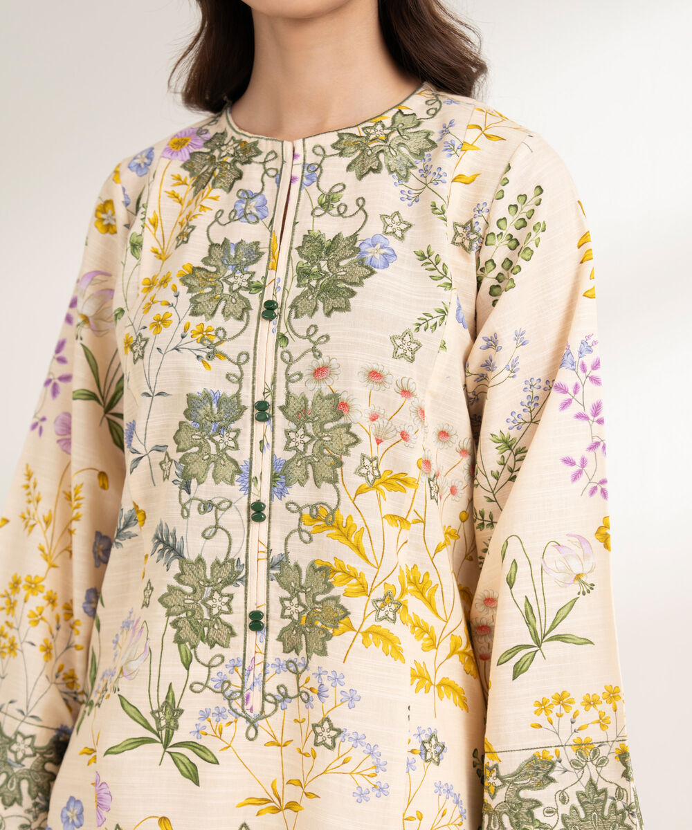 Women's RTW Khaddar Embroidered A-Line Pale Yellow Shirt