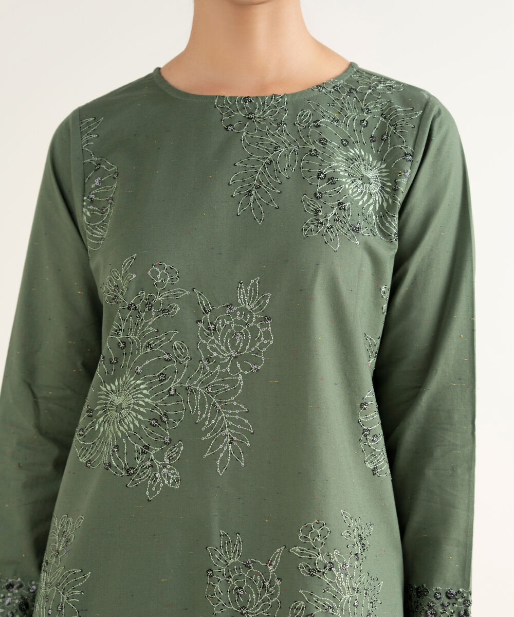 Women's RTW Multineps Embroidered Green Straight Shirt