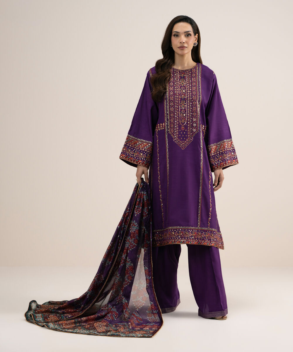 Women's Unstitched Embroidered Blended Raw Silk Purple 3 Piece Suit
