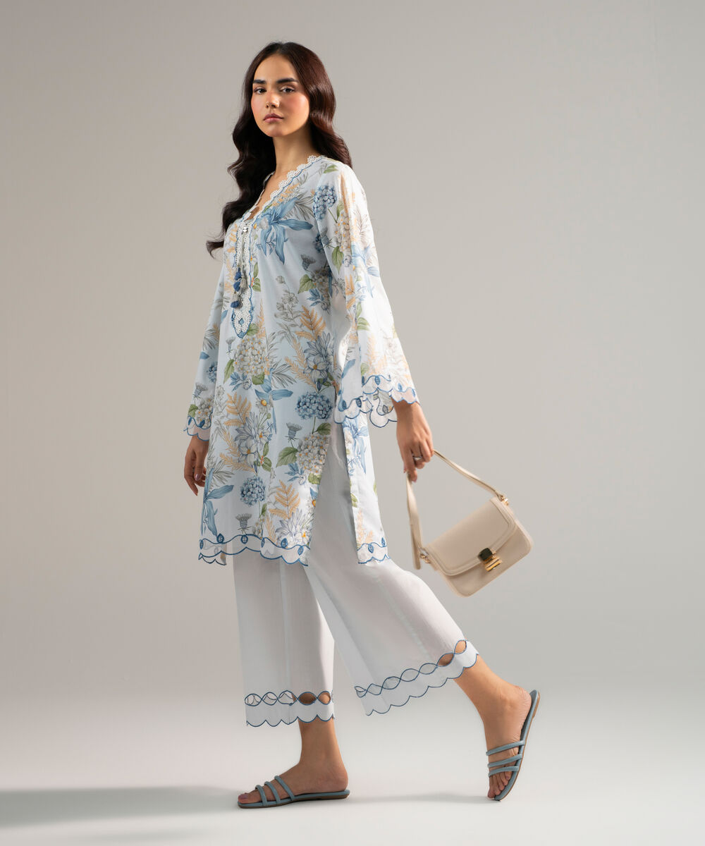 Women's RTW Slub Lawn Embroidered Light Blue 2 Piece Suit