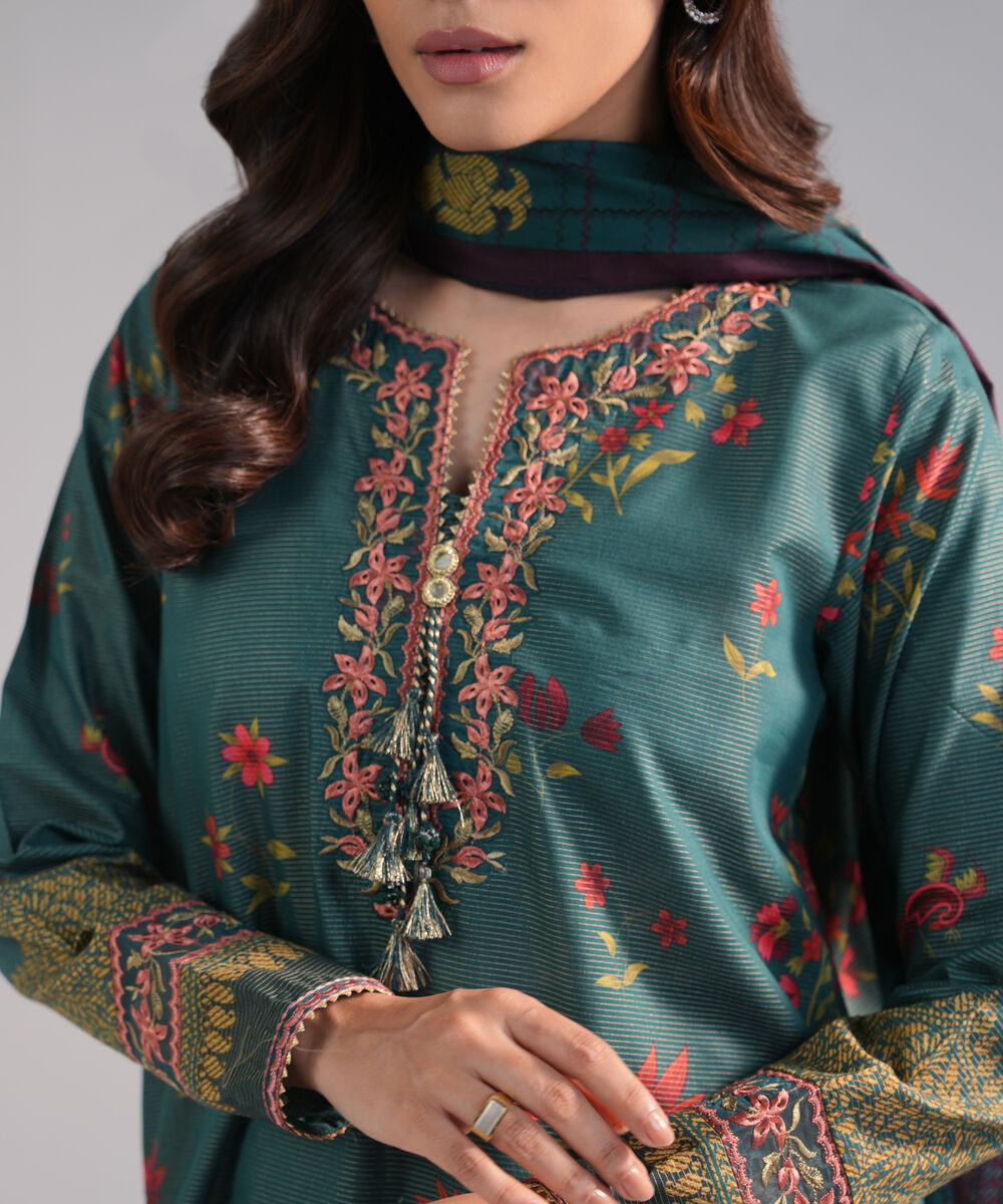 Women's RTW Zari Lawn Embroidered Green 3 Piece Suit