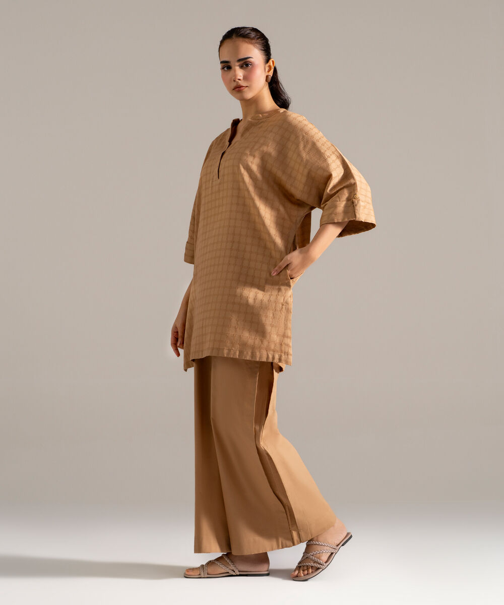 Women's RTW Dobby Printed Beige Drop Shoulder Shirt