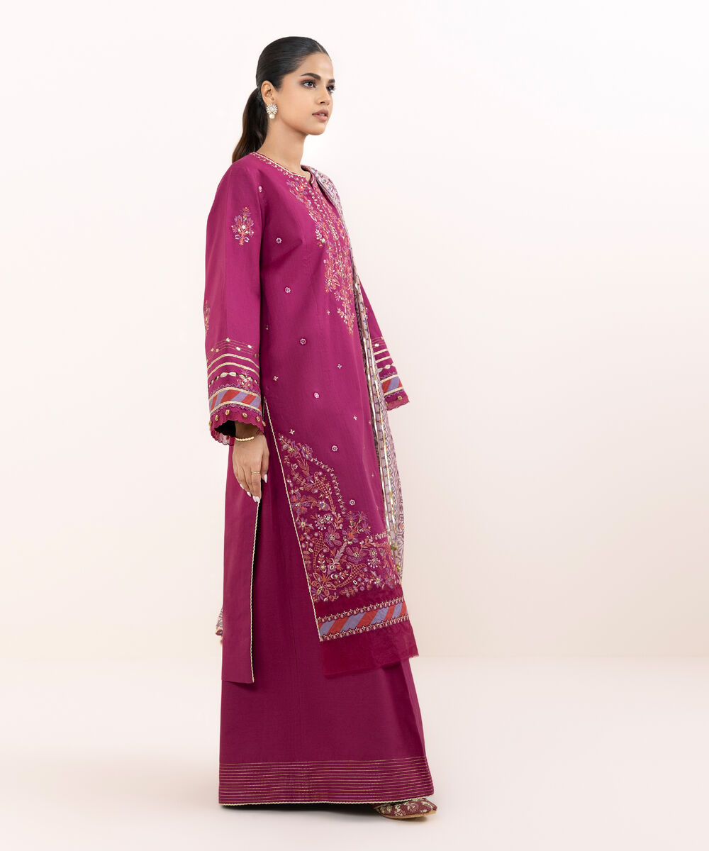 Women's Unstitched Raw Silk  Embroidered Magenta  3 Piece Suit