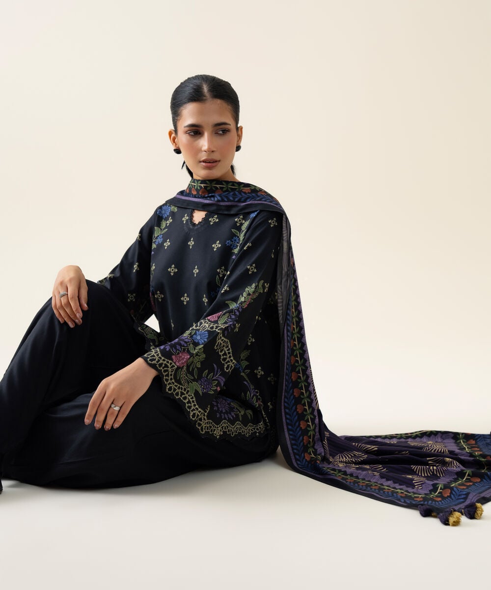 Womens Unstitched Viscose Linen Printed Dark Blue 3 Piece Suit